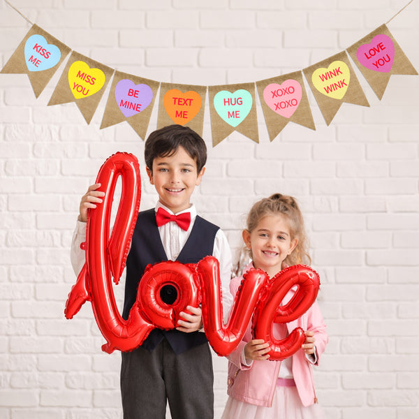Valentines Conversation Hearts Candy Banner No DIY Heart Burlap Banner Heart Garland Pre-Strung Heart Design Garland Heart Banner for Valentine Decorations (Multicolor)