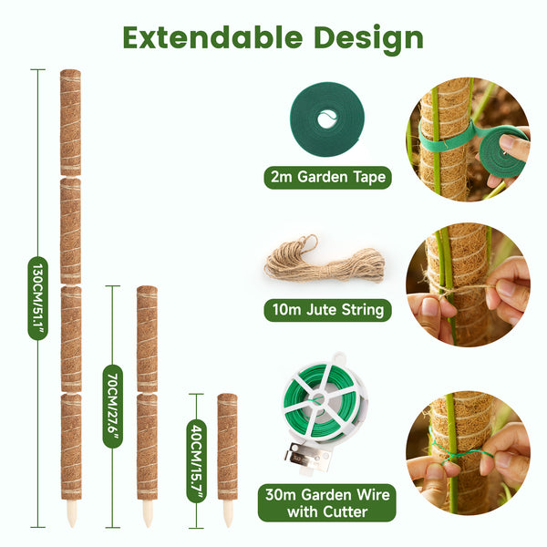 KINGLAKE 4Pcs 40cm Moss Pole, Coco Coir Totem Moss Sticks for Climbing Plant Support, Plant Stakes for Monstera Cheese Plants Grow Upwards with 30m Plant Ties,2m Garden Tape,10m Jute Twine