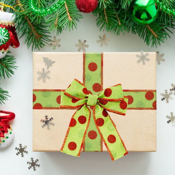 KINGLAKE GARDEN Christmas Wired Ribbon 22 Yards 1.5 Inch Christmas Red Green Dots Ribbon 2 Rolls Christmas Glitter Ribbon Christmas Tree Ribbon Polka Dots Burlap Ribbon for Christmas Decoration