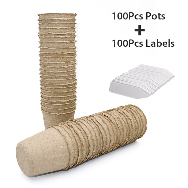 100 Pcs 3 Inch Seeds Starter Peat Pots,Transplant Seedlings Pots,Biodegradable Pots with 100 Pcs Plastic Plant labels 1 x 5 cm