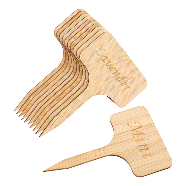 12Pcs Bamboo Plant Labels Eco-Friendly T-type Garden Tags Markers with Word for Herbs Seed Vegetables (10x6cm)